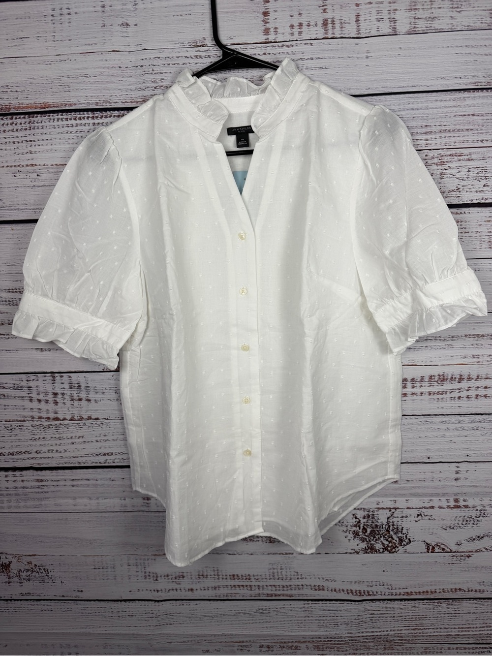 NWT Ann Taylor Petite Swiss Dot Ruffle Blouse White MP